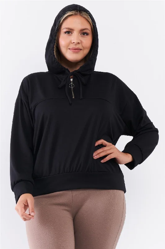 Limited Quantity Plus Black Oversize High Neck Zip-up Detail Draw String Tie Hoodie Sweatshirt