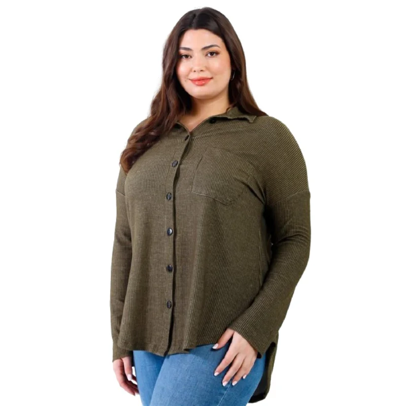 Value Deals Plus Black Ribbed Collared Button Up Shirt Top