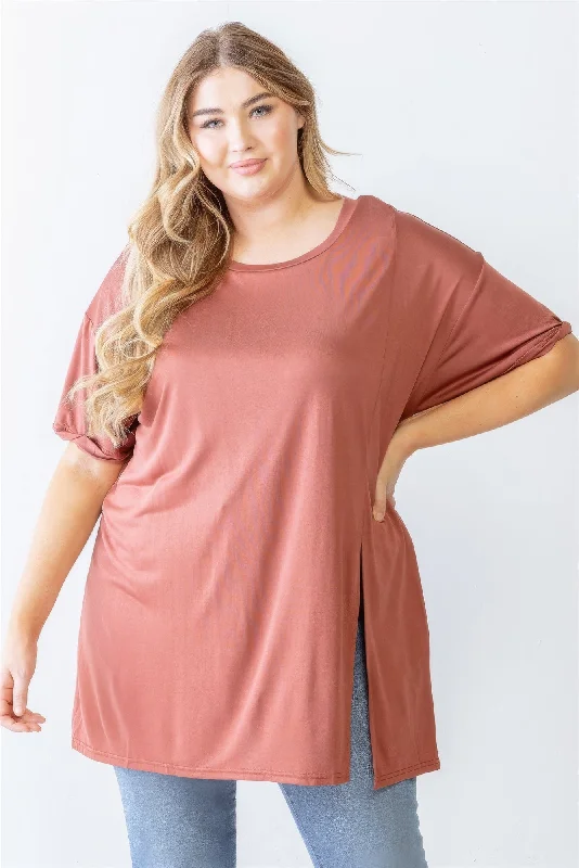 Deal of the Week Plus Brick Round Neck Short Sleeve Relax Top