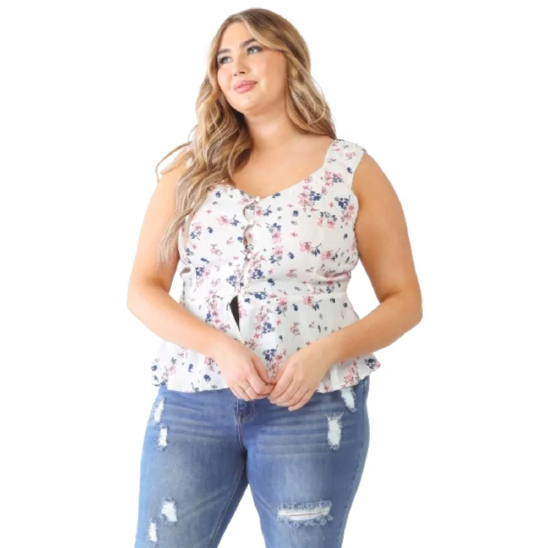 Massive Deals Plus Floral Button-up Sleeveless Flare Hem Top