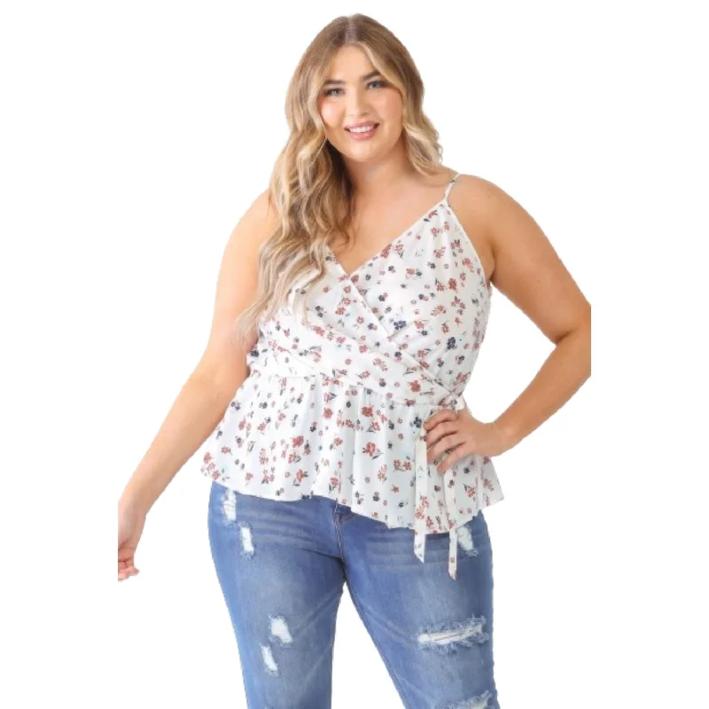 Huge Discounts Plus Floral Sleeveless Wrap Neck Flare Hem Top