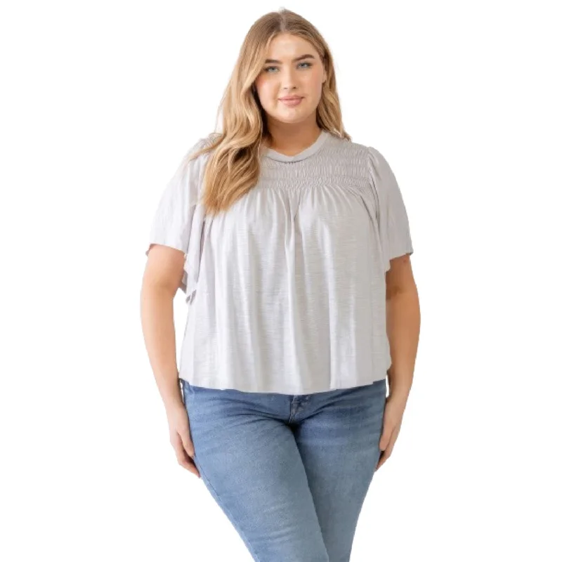 Markdowns Plus Grey Cotton Blend Smoked Short Sleeve Top