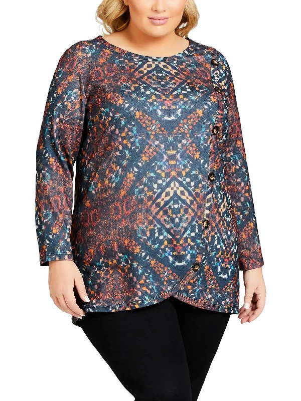 Can't Miss Plus Hacci Womens Button Trim Three Quarter Sleeve Pullover Top