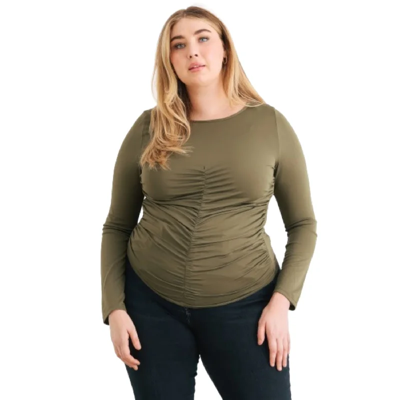 Super Sale Plus Olive Ruched Long Sleeve Top