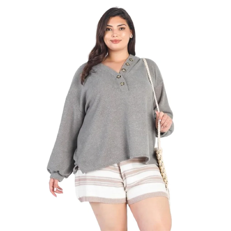 Super Bargain Plus Olive Textured Button Detail Long Sleeve Top