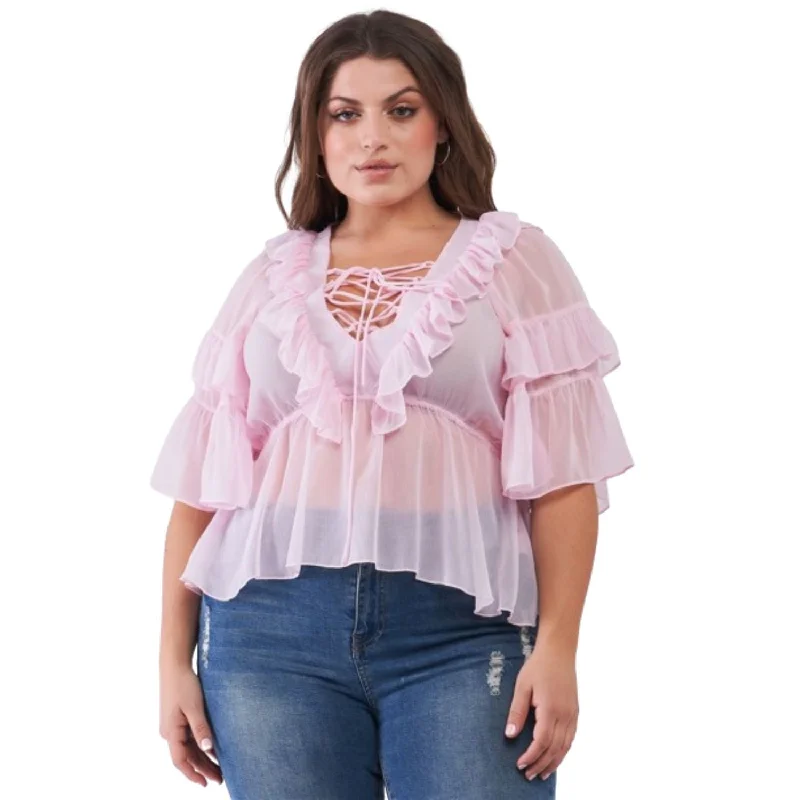 Price Cut Plus Sheer Mesh Ruffle Lace-up V-neck Detail Wide Sleeve Relaxed Top