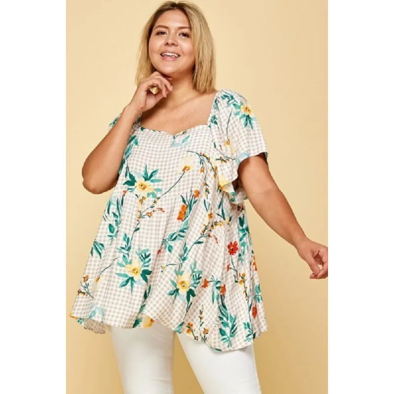Epic Deals Plus Size Floral Check Printed Rayon Challis Square Neck Fashion Top