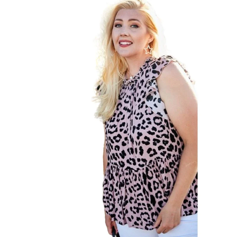 Reduced Prices Plus Size Round Neck Back Button Leopard Print Top