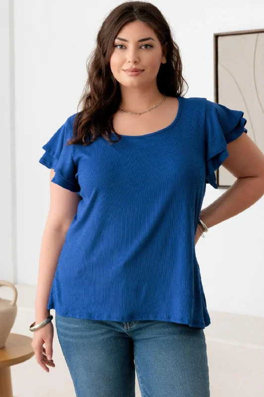 New Markdowns Plus Size Short Fluttery Sleeve Round Neck Top