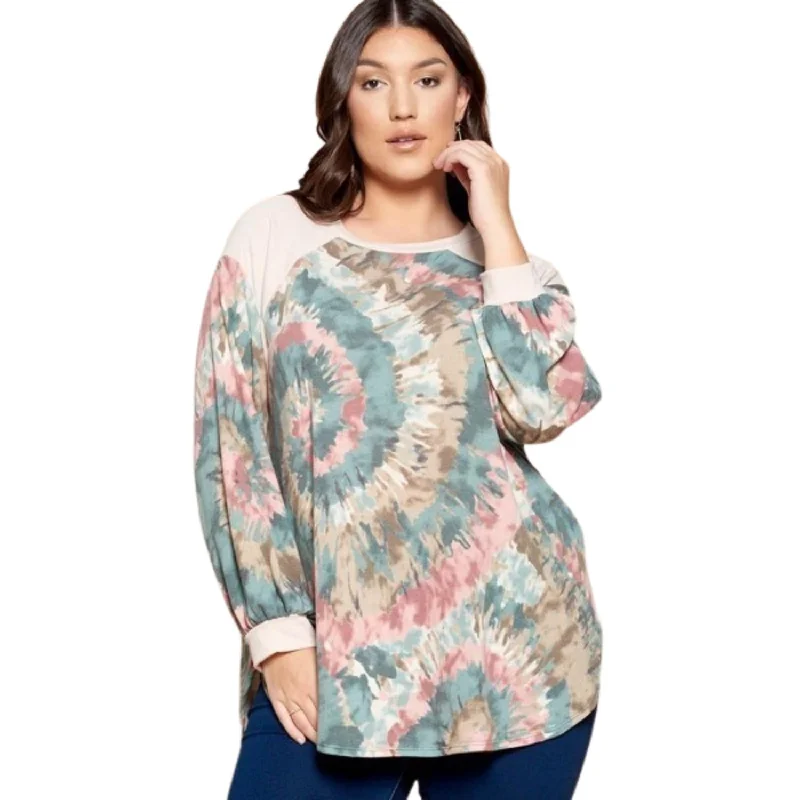 YEAR-End Clearance Plus Size Tie Dye French Terry Print Balloon Sleeve Top