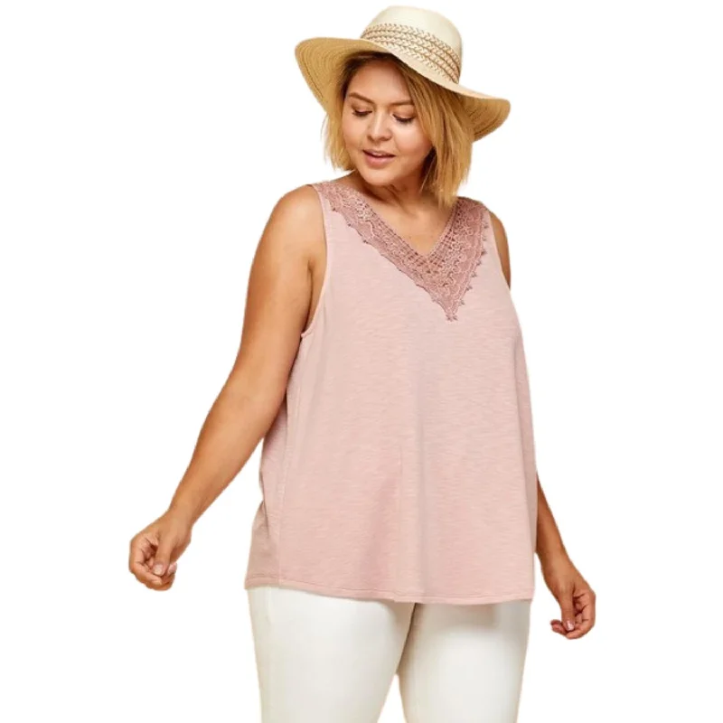 Steals and Deals Plus Solid French Terry Slub Sleeveless Tank With Lace Neckline
