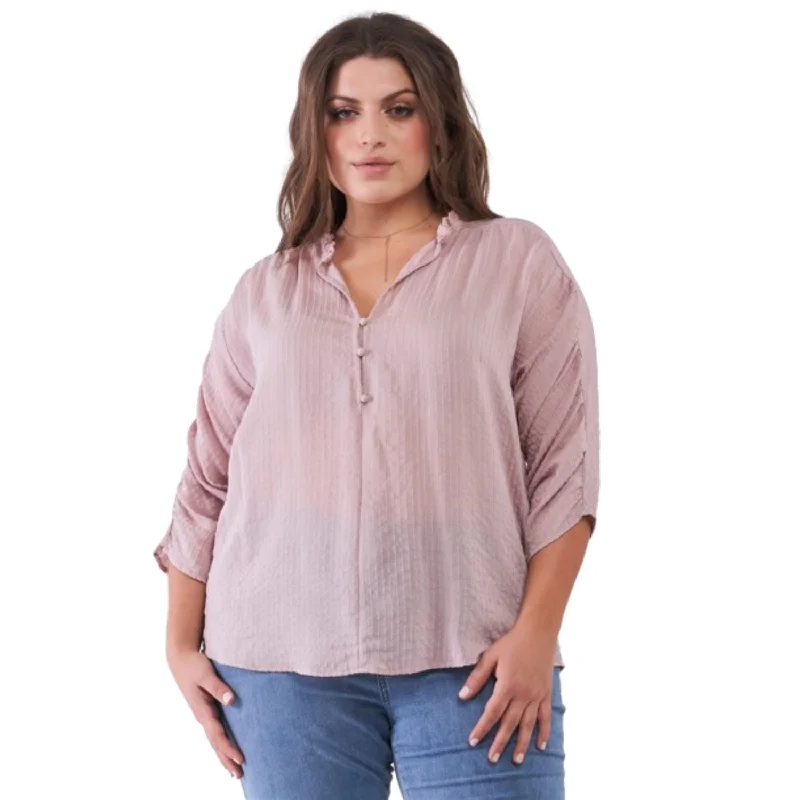 Markdowns Plus Striped Frill Neck Gathered Sleeve Detail Button-down Relaxed Boho Top