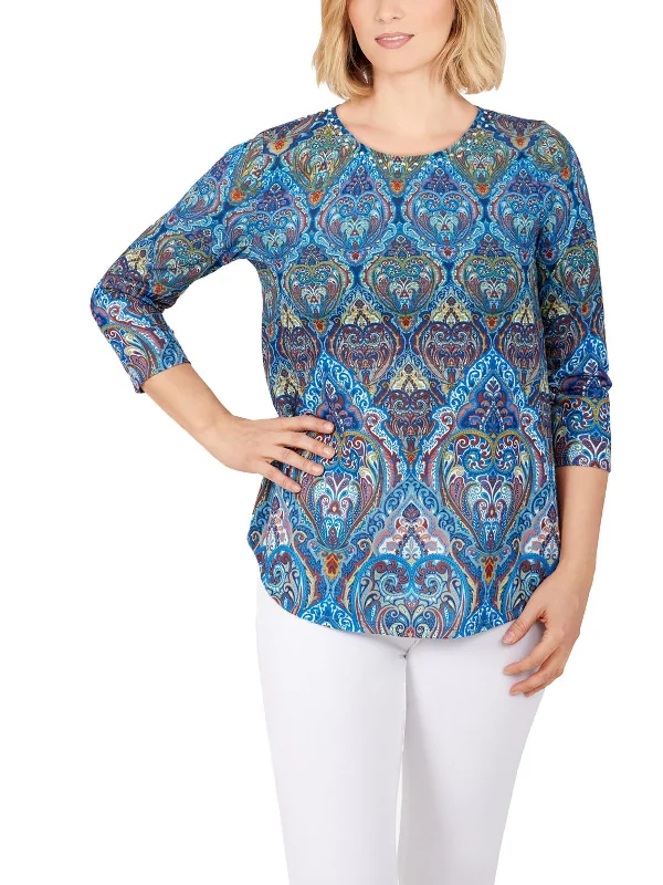 Seasonal Sale Plus Womens 3/4 Sleeve Embellished Neckline Blouse