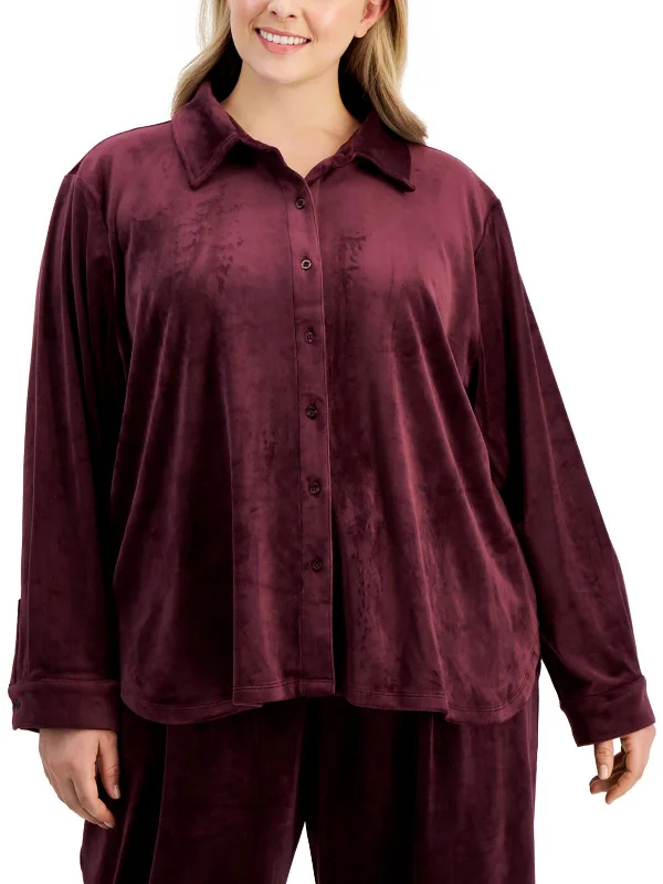 Deal Alert Plus Womens Button down Velour Blouse