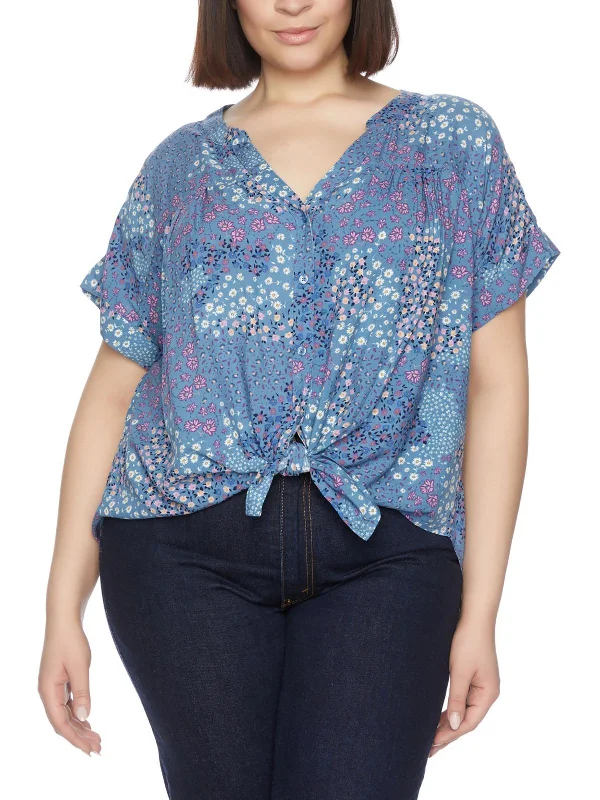 Limited Availability Plus Womens Hi Low Tie Front Button-Down Top