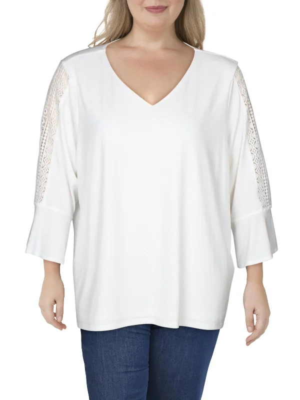 Price Fest Plus Womens Knit Lace Inset Blouse