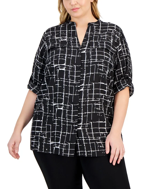 Exclusive Savings Plus Womens Mandarin Collar Rolled Sleeve Button-Down Top