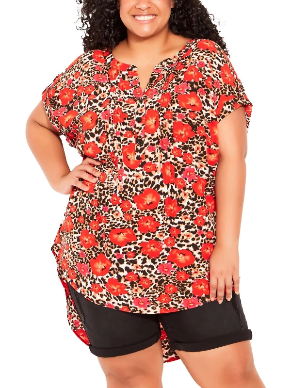 Price Cut Plus Womens Pintuck Animal Print Henley