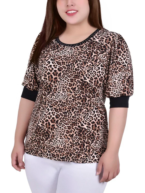 Season Finale Sale Plus Womens Studded Elbow Sleeve Blouse