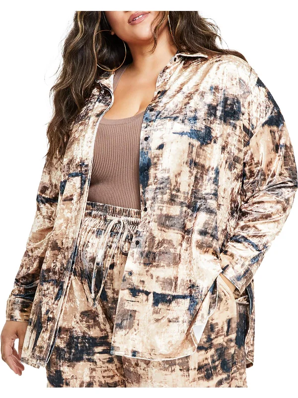 One-DAY Sale Plus Womens Velvet Print Button-Down Top