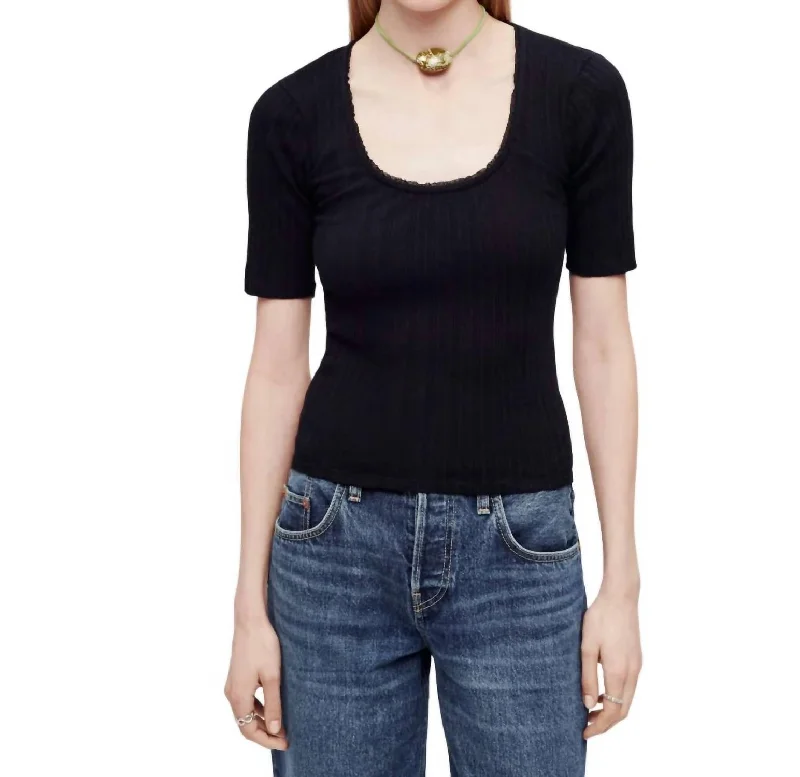 Price Reduction Pointelle Scoop Neck Tee Top In Black