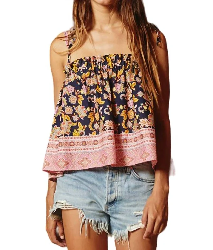 Grand Opening Sale Print Knot Shoulder Flare Cami Top In Blue/pink