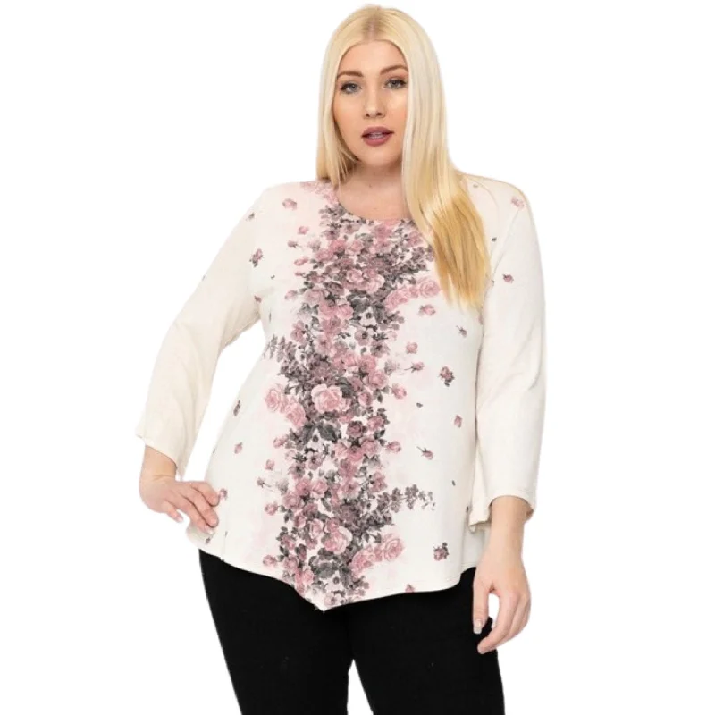 Special Discount Print Top Featuring A Round Neckline And 3/4 Bell Sleeves