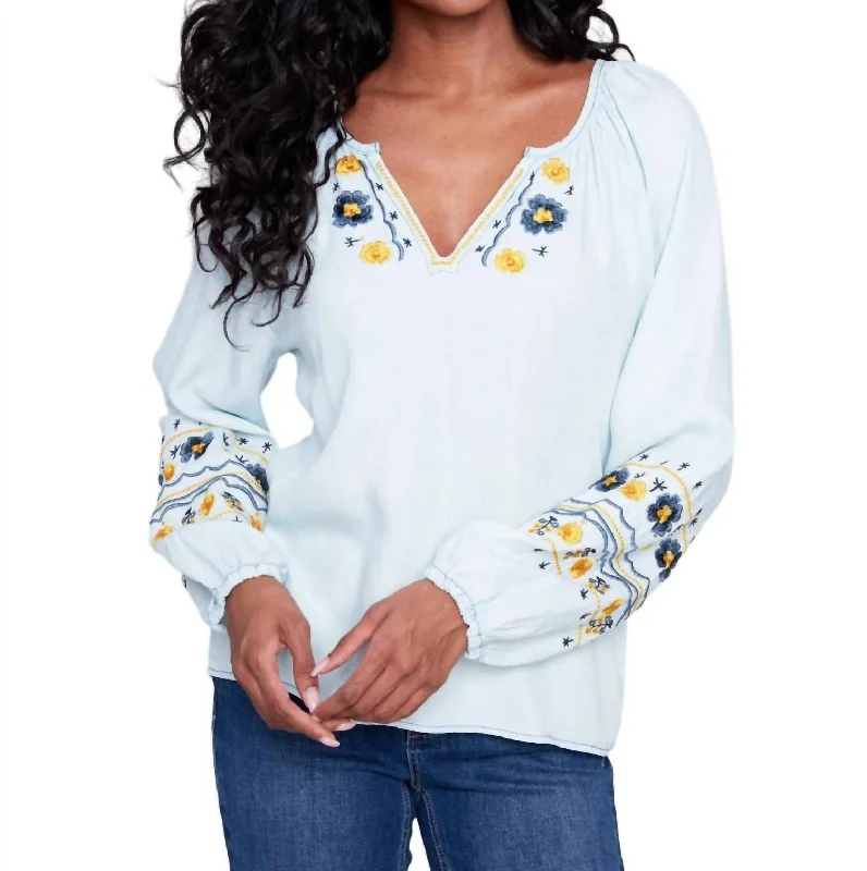 Final Markdown Printed Balloon Sleeve Tencel Blouse In Denim