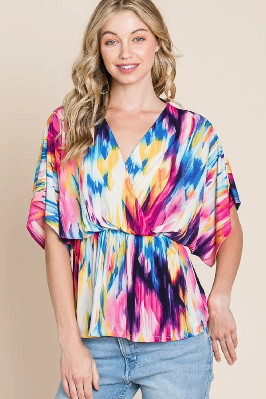 Savings Bonanza Printed Surplice Peplum Blouse