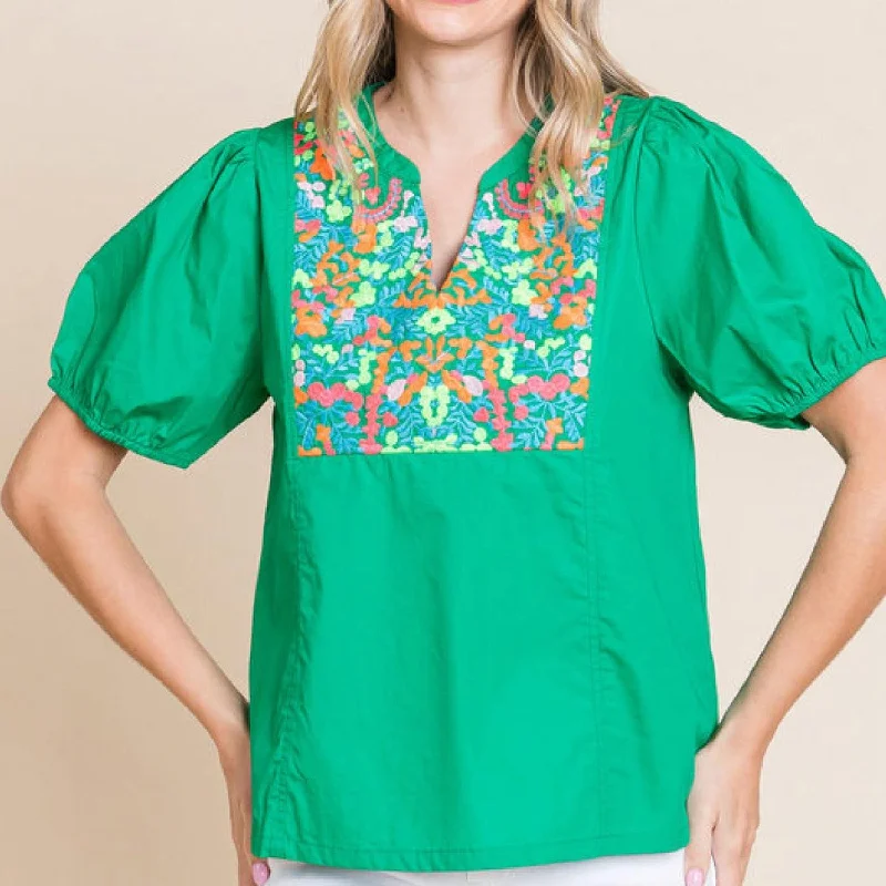 Don't Miss Puff Sleeve Floral Embroidered Top In Kelly Green