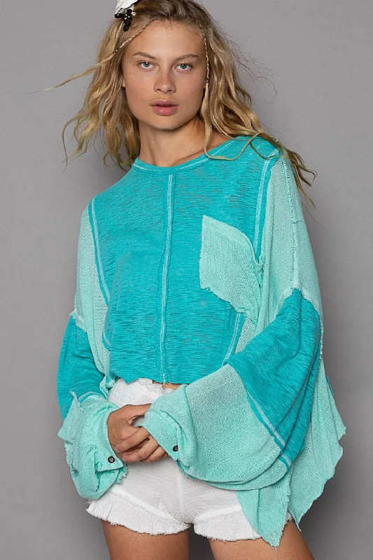 Discount Extravaganza Round Neck Contrast High-Low Top