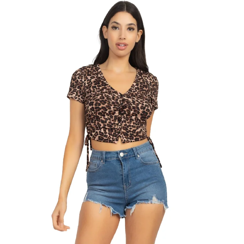 Stock Clearance Ruched Drawstring Animal-printed Crop Top