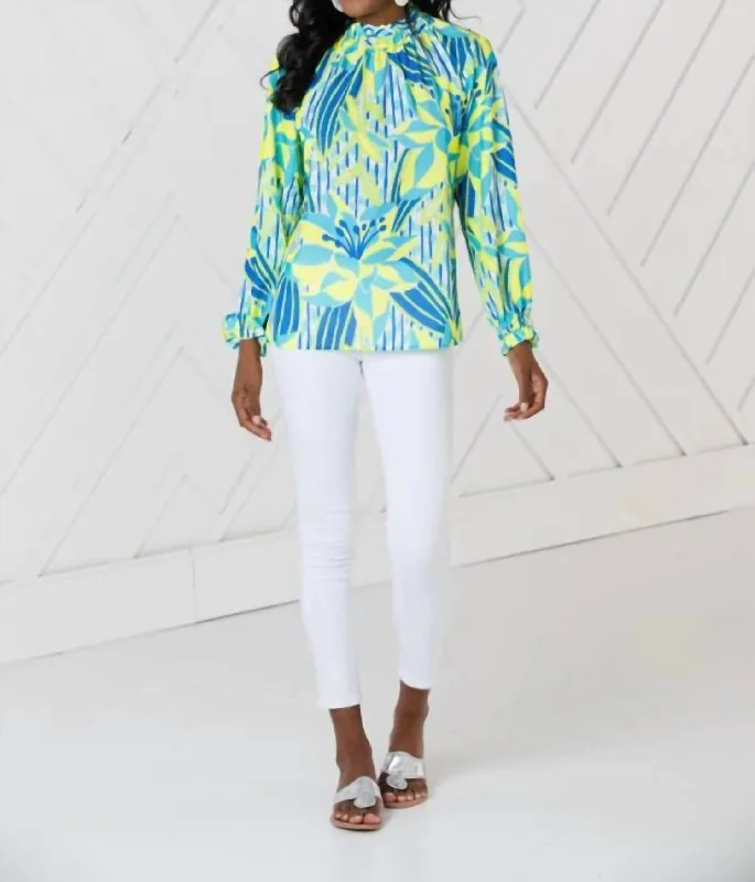 Bonus Savings Ruffle Neck Long Sleeve Top In Palms Of Paradise