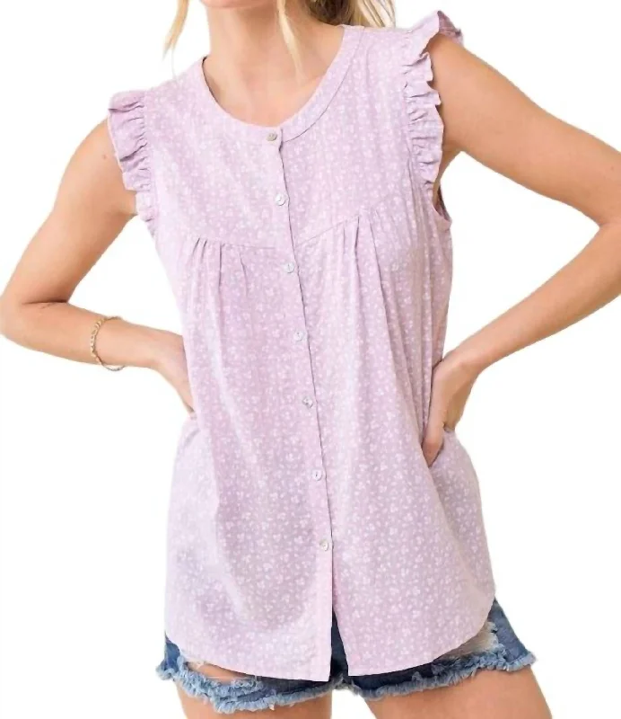 Deal Dash Ruffle Sleeve Button Down Top In Lavender