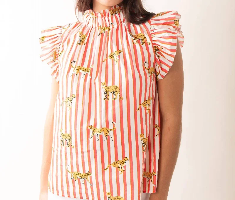 Massive Deals Ruffle Sleeve Striped Cheetah Top In Multi