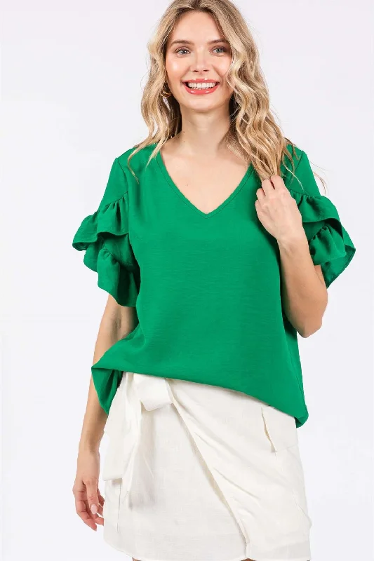 Act Now Ruffled Short Sleeve V-Neck Blouse