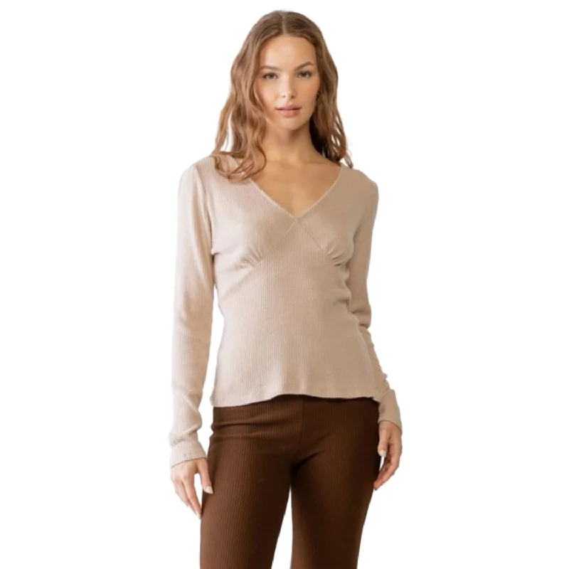 New Markdowns Sand Ribbed V-neck Long Sleeve Soft To Touch Top