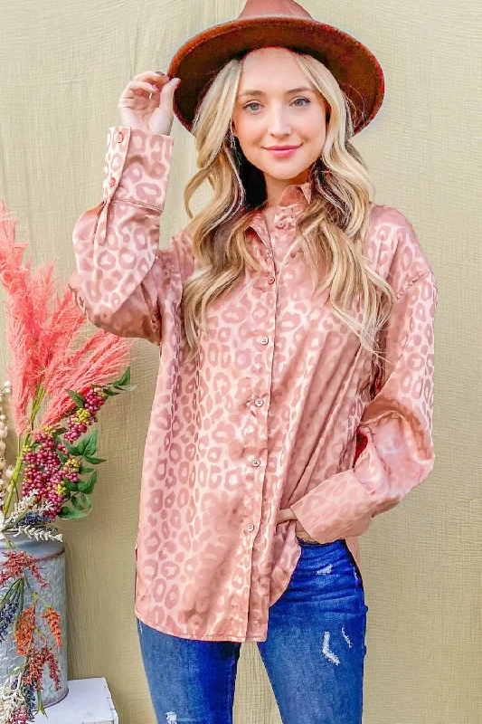 Midnight Sale Satin Leopard Button Up Curved Hem Shirt
