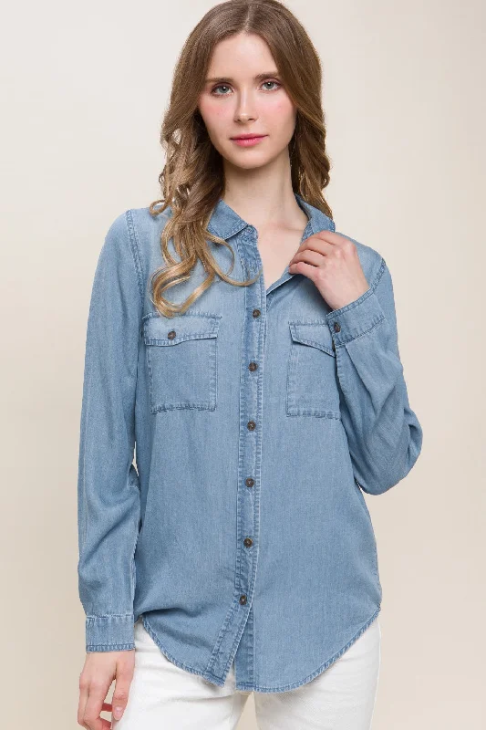Deal Explosion Scooped Hem Button Up Denim Shirt