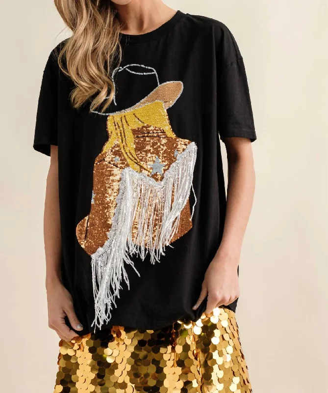 Special Price Sequin Cow Girl Graphic Tee In Black Gold
