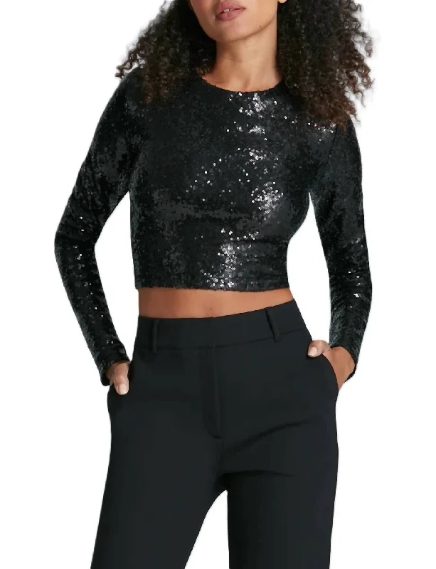 Low Prices Sequin Long Sleeve Crewneck Crop Top In Black