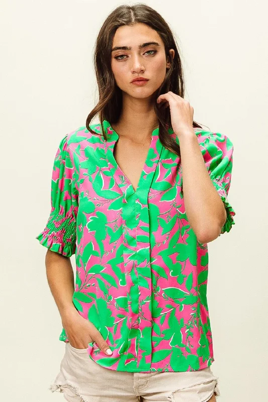 Extra Discounts Smocked Cuff Floral Contrast Top