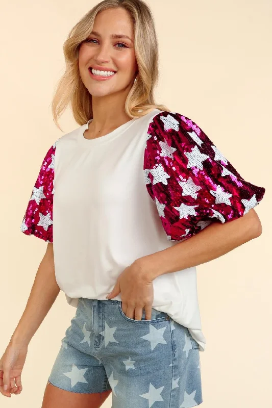 Exclusive Savings Star Sequin Bubble Short Sleeve Top