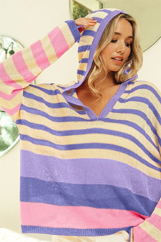 Sale Event Striped Color Block  Hooded Knit Top