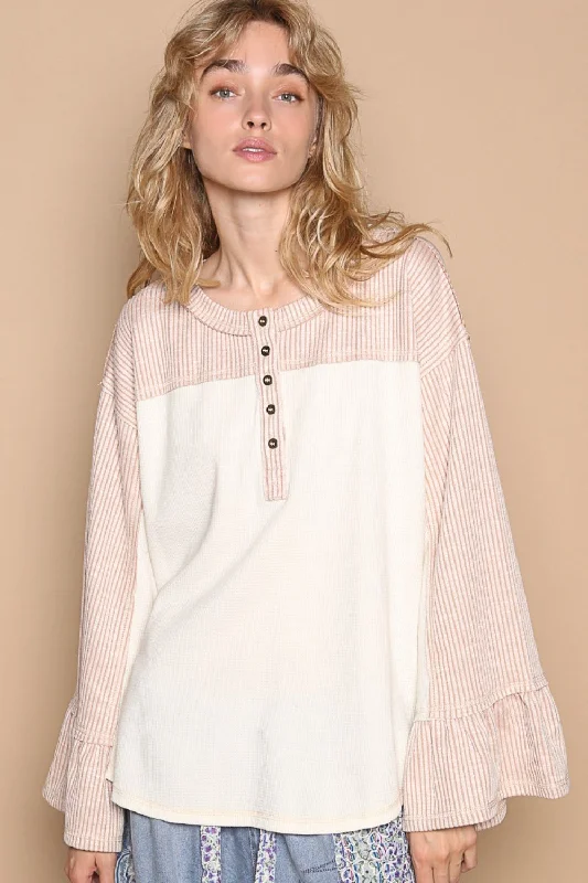 Time-Limited Offer Striped Flounce Sleeve Exposed Seam Top