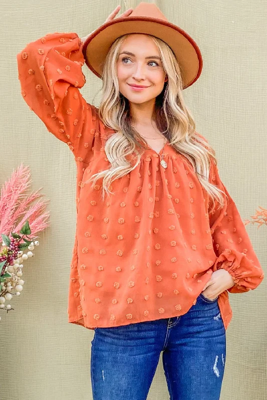 Shop and Save Swiss Dot V Neck Balloon Sleeve Woven Blouse