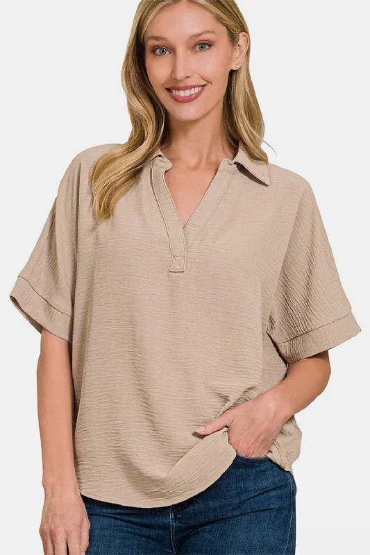 The Best Prices Texture Collared Neck Short Sleeve Top