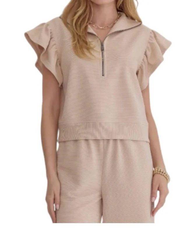 While Supplies Last Textured Ruffle Sleeve Top In Light Taupe