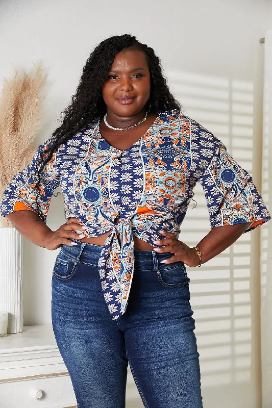 TIME-Limited Offer Tie Hem V-Neck Three-Quarter Sleeve Blouse