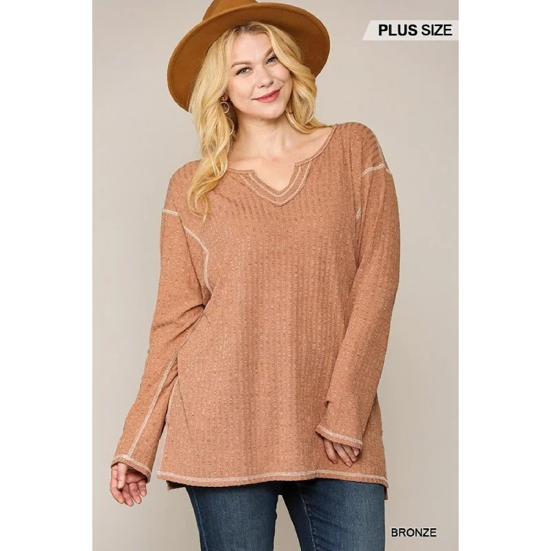 Deep Discounts Two-tone Ribbed Tunic Top With Side Slits